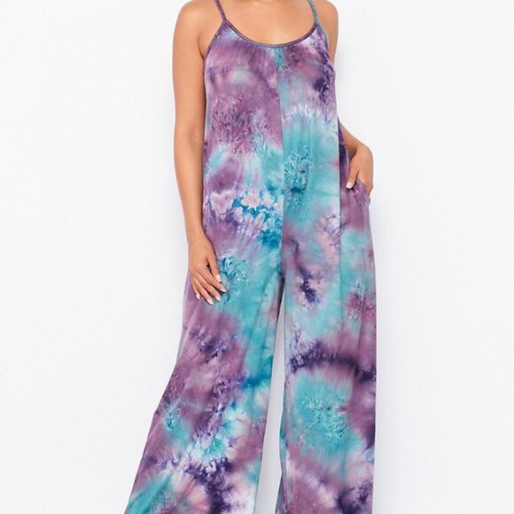 Votique Pants - Votique Purple and Blue Tie Dye Palazzo Jumpsuit - NWT